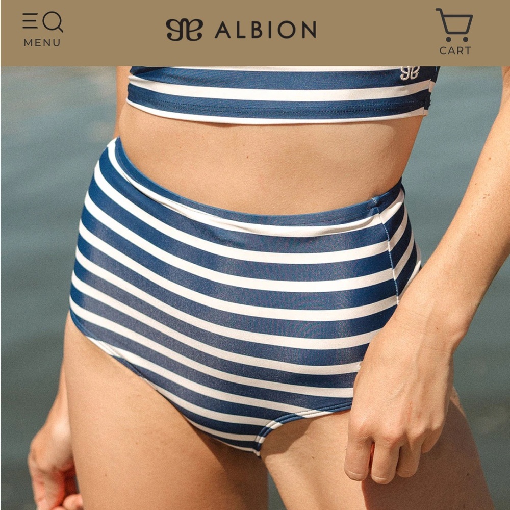 Albion Navy & Cream Striped High-Waist Bikini Bottom